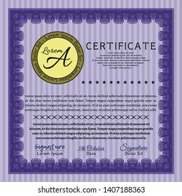 Violet Diploma or certificate template. With complex linear background. Vector illustration. Money Pattern design. 