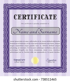 Violet Diploma or certificate template. With complex background. Vector illustration. Money Pattern design. 