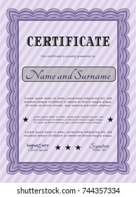 Violet Diploma or certificate template. With complex linear background. Detailed. Perfect design. 