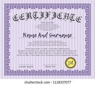 Violet Diploma or certificate template. Cordial design. Customizable, Easy to edit and change colors. With complex background. 