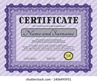 Violet Diploma or certificate template. Customizable, Easy to edit and change colors. With guilloche pattern and background. Perfect design. 