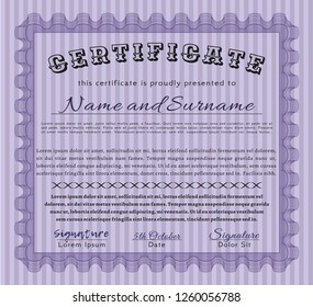 Violet Diploma or certificate template. Detailed. With quality background. Money Pattern design. 