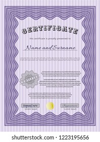 Violet Diploma or certificate template. Excellent design. Vector illustration. Complex background. 