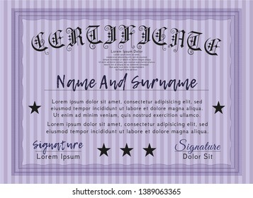 Violet Diploma or certificate template. Excellent design. Vector illustration. With guilloche pattern and background. 
