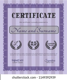 Violet Diploma or certificate template. With guilloche pattern and background. Excellent design. Vector illustration. 