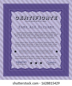 Violet Diploma or certificate template. With guilloche pattern and background. Good design. Detailed. 