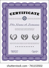 Violet Diploma or certificate template. With guilloche pattern and background. Vector illustration. Money style design. 