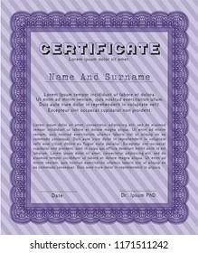 Violet Diploma or certificate template. With linear background. Money design. Detailed. 