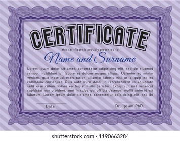 Violet Diploma or certificate template. With linear background. Vector illustration. Nice design. 