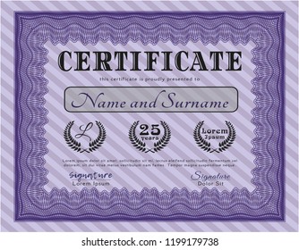 Violet Diploma or certificate template. With linear background. Superior design. Vector illustration. 