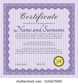 Violet Diploma or certificate template. Modern design. Detailed. With background. 