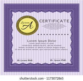 Violet Diploma or certificate template. Modern design. Detailed. With complex linear background. 