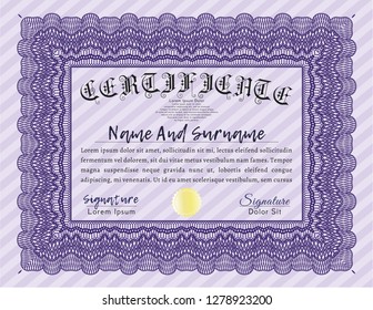 Violet Diploma or certificate template. Modern design. Detailed. With great quality guilloche pattern. 