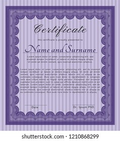Violet Diploma or certificate template. Money style design. Vector illustration. With quality background. 