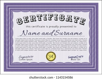 Violet Diploma or certificate template. Perfect design. Detailed. With guilloche pattern. 