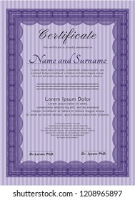 Violet Diploma or certificate template. Perfect design. With guilloche pattern and background. Customizable, Easy to edit and change colors. 