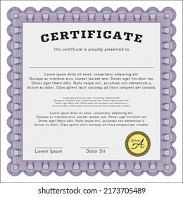 Violet Diploma or certificate template.  Perfect design.  With complex linear background.  Vector illustration. 
