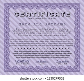 Violet Diploma or certificate template. With quality background. Detailed. Money Pattern. 