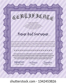 Violet Diploma or certificate template. With quality background. Money design. Vector illustration. 