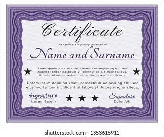 Violet Diploma or certificate template. Retro design. With complex linear background. Vector illustration. 