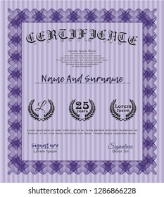 Violet Diploma or certificate template. Superior design. With guilloche pattern. Vector illustration. 