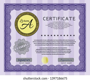 Violet Diploma or certificate template. Superior design. Vector illustration. With great quality guilloche pattern. 