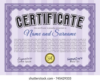 Violet Diploma or certificate template. Superior design. With linear background. Vector illustration. 