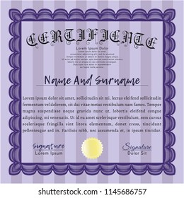 Violet Diploma or certificate template. Vector illustration. With complex linear background. Lovely design. 