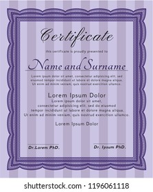 Violet Diploma or certificate template. Vector illustration. With great quality guilloche pattern. Money style design. 
