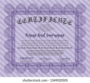 Violet Diploma or certificate template. Vector illustration. With complex linear background. Nice design. 