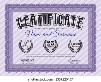 Violet Diploma or certificate template. Vector illustration. With guilloche pattern and background. Modern design. 