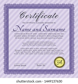 Violet Diploma or certificate template. Vector illustration. With background. Modern design. 