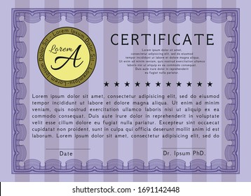 Violet Diploma or certificate template. Vector illustration. With great quality guilloche pattern. Retro design. 