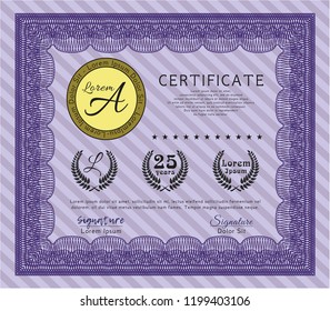 Violet Diploma. With complex background. Money style design. Vector illustration. 