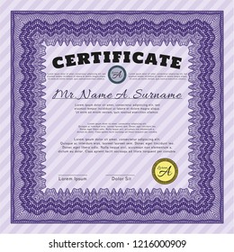 Violet Diploma. With complex background. Money Pattern design. Vector illustration. 
