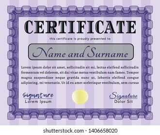 Violet Diploma. Cordial design. With linear background. Vector illustration. 