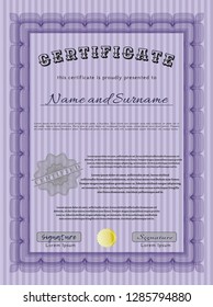 Violet Diploma. Excellent design. Vector illustration. With guilloche pattern and background. 