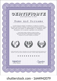 Violet Diploma. With guilloche pattern and background. Nice design. Vector illustration. 