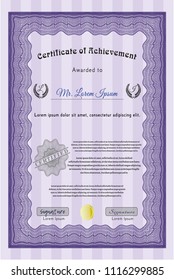 Violet Diploma. With guilloche pattern. Detailed. Money style design. 