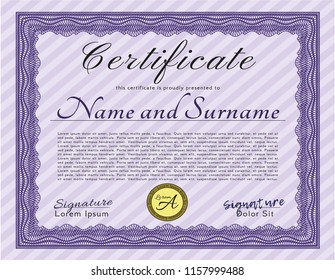 Violet Diploma. With guilloche pattern. Vector illustration. Artistry design. 