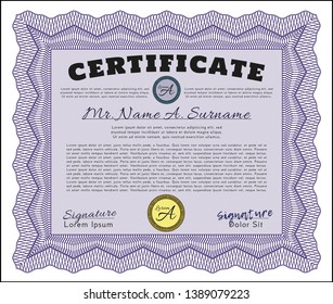 Violet Diploma. Lovely design. Vector illustration. With guilloche pattern and background. 