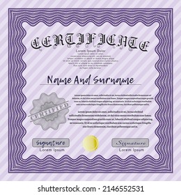 Violet Diploma.  Money Pattern design.  With guilloche pattern and background.  Detailed. 