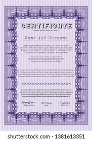 Violet Diploma. Retro design. With great quality guilloche pattern. Vector illustration. 