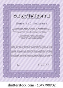 Violet Diploma. Retro design. Vector illustration. With guilloche pattern and background. 