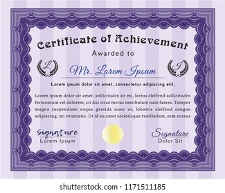 Violet Diploma template or certificate template. With background. Vector illustration. Money Pattern. 