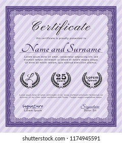 Violet Diploma template or certificate template. With background. Money Pattern. Vector illustration. 