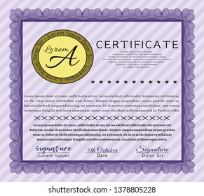 Violet Diploma template or certificate template. With background. Lovely design. Vector illustration. 