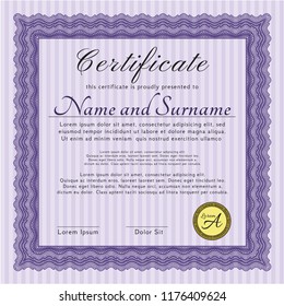Violet Diploma template or certificate template. Beauty design. Vector illustration. With guilloche pattern. 