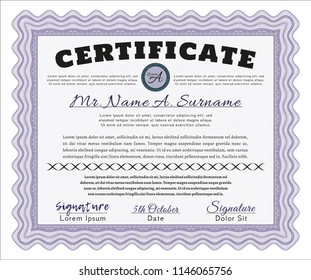 Violet Diploma template or certificate template. With complex background. Vector illustration. Cordial design. 