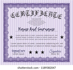 Violet Diploma template or certificate template. With complex linear background. Detailed. Money Pattern. 